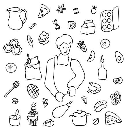 Vector set by a cooking boy. Clip art food illustrations with pie, cake, shrimp salad, bun, ravioli, spaghetti, fruit and vegetables, eggs, olive oil, avocado.Design for menu, advertising and web. のイラスト素材