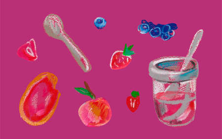 Set of berries with jam and toast painted with wax crayons. The food is illustrated in pink and burgundy shades on an isolated background. Design for menus, recipes, banners, social networks.の写真素材