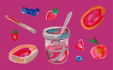 Set of berries with jam and toast painted with wax crayons. The food is illustrated in pink and burgundy shades on an isolated background. Design for menus, recipes, banners, social networks.の写真素材