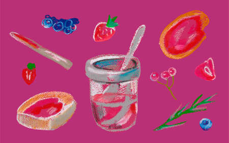 Set of berries with jam and toast painted with wax crayons. The food is illustrated in pink and burgundy shades on an isolated background. Design for menus, recipes, banners, social networks.の写真素材