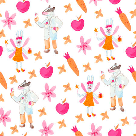 Seamless watercolor pattern with cute animals.Print on children's dentistry with badger, flowers, rabbit tooth fairy on white isolated background.Design for textile, wrapping paper, wallpaper.の写真素材