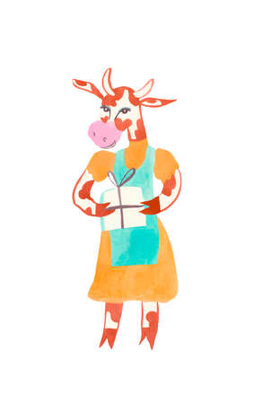 Christmas watercolor cow with a gift and an apron. Festive illustration for the New Year on an isolated white background in orange, red, blue. Design for cards, banners, posters.の写真素材