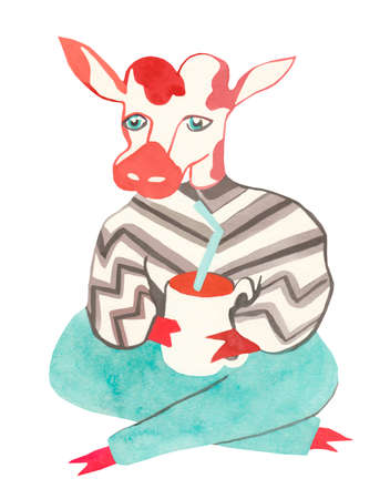 Christmas watercolor cow with hot drink. Festive illustration with a bull for the New Year on an isolated white background in orange, red, blue. Design for cards, banners, posters, packages.の写真素材