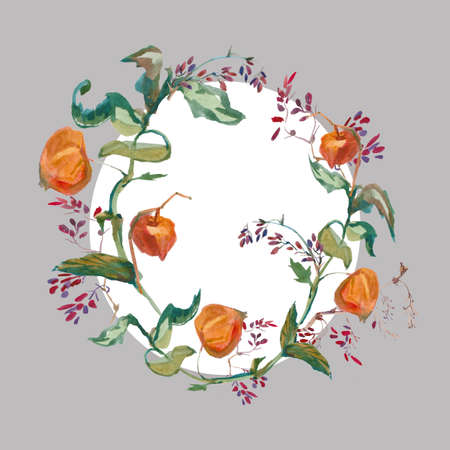 Watercolor autumn physalis, leaves, barberry in orange, yellow and green colors frame. Botanical banner illustrations on white isolated background. Design for cards, advertising, social networks.の写真素材