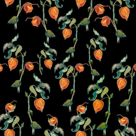 Watercolor autumn physalis, leaves, barberry in orange, yellow, green flowers seamless pattern. Botanical print illustrations on black isolated background. Design for textiles, wallpaper, wrapping paper.の写真素材