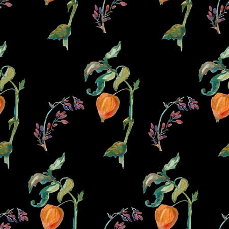 Watercolor autumn physalis, leaves, barberry in orange, yellow, green flowers seamless pattern. Botanical print illustrations on black isolated background. Design for textiles, wallpaper, wrapping paper.の写真素材