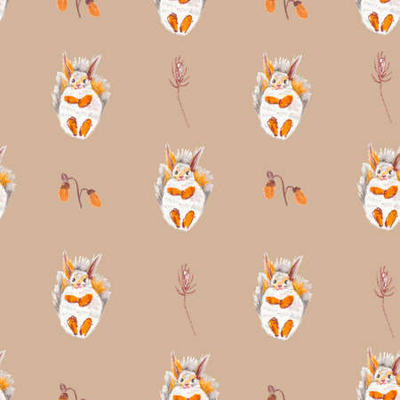 Seamless pattern with squirrel, cones and leaves painted with wax crayons. Autumn print in brown, orange and gray colors on a white isolated background. Design for wallpaper, wrapping paper, textiles.の写真素材