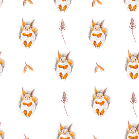 Seamless pattern with squirrel, cones and leaves painted with wax crayons. Autumn print in brown, orange and gray colors on a white isolated background. Design for wallpaper, wrapping paper, textiles.の写真素材