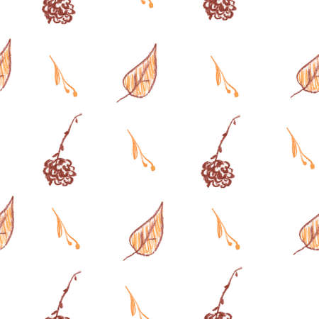 Seamless pattern with squirrel, cones and leaves painted with wax crayons. Autumn print in brown, orange and gray colors on a white isolated background. Design for wallpaper, wrapping paper, textiles.の写真素材