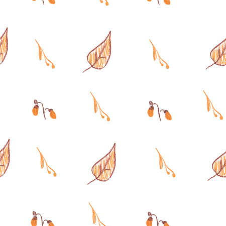 Seamless pattern with squirrel, cones and leaves painted with wax crayons. Autumn print in brown, orange and gray colors on a white isolated background. Design for wallpaper, wrapping paper, textiles.の写真素材
