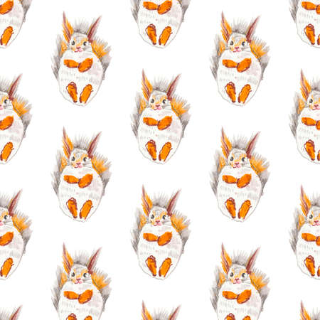 Seamless pattern with squirrel, cones and leaves painted with wax crayons. Autumn print in brown, orange and gray colors on a white isolated background. Design for wallpaper, wrapping paper, textiles.の写真素材