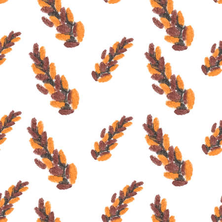Seamless pattern with squirrel, cones and leaves painted with wax crayons. Autumn print in brown, orange and gray colors on a white isolated background. Design for wallpaper, wrapping paper, textiles.の写真素材