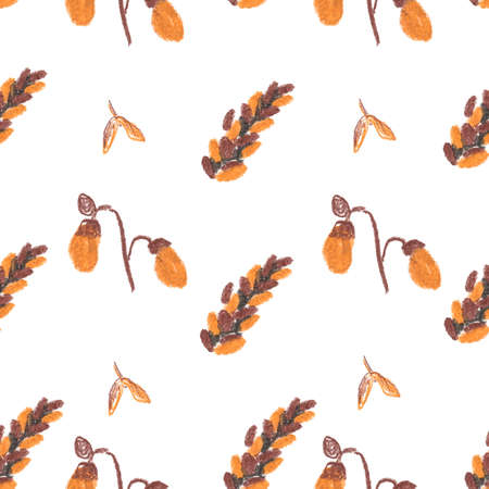 Seamless pattern with squirrel, cones and leaves painted with wax crayons. Autumn print in brown, orange and gray colors on a white isolated background. Design for wallpaper, wrapping paper, textiles.の写真素材