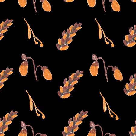 Seamless pattern with squirrel, cones and leaves painted with wax crayons. Autumn print in brown, orange and gray colors on a white isolated background. Design for wallpaper, wrapping paper, textiles.の写真素材