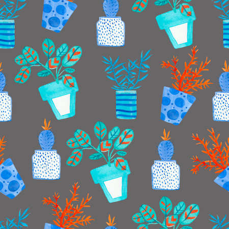 Watercolor seamless pattern with house plants in pots in Aqua Menthe and Phantom Blue, Lush Lava.Modern print on gray isolated background hand drawn. Design for wrapping paper, textile, wallpaper.の写真素材