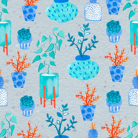 Seamless watercolor pattern with indoor plants. Home print in orange and blue on a gray insulated background. Design for textiles, wrapping paper, wallpaper, packaging.の写真素材