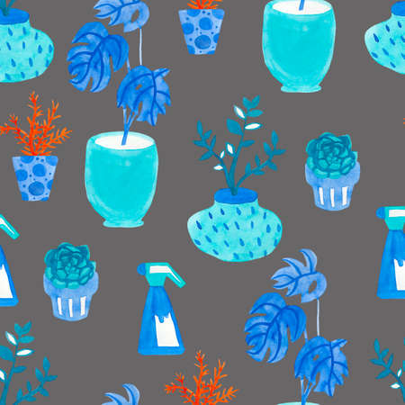 Watercolor seamless pattern with house plants in pots in Aqua Menthe and Phantom Blue, Lush Lava.Modern print on gray isolated background hand drawn. Design for wrapping paper, textile, wallpaper.の写真素材