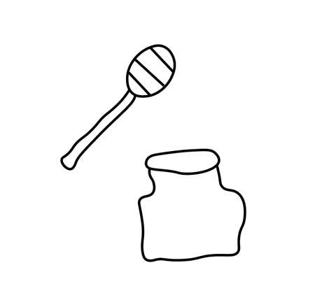 Vector honey with a black line. Simple food and cooking illustration in doodle style on a white isolated background hand drawn. Design for social networks, web, advertising, banners, menus, recipes.のイラスト素材