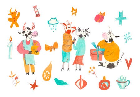 Large watercolor set of Christmas elements with bulls. Holiday collection in the New Year time. Clip art with Christmas walnut, snowflakes, toys on isolated background.Illustrations for leaflets.の写真素材