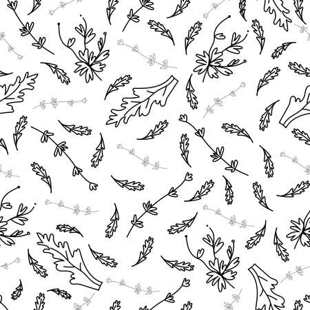 Vector seamless pattern with branches and leaves in doodle style.Botanical print hand-painted black line on white background.のイラスト素材