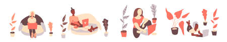 Big vector set with girls freelancers in hand drawn style.Clip art of people working at the computer in pink and brown shades in boho style.のイラスト素材