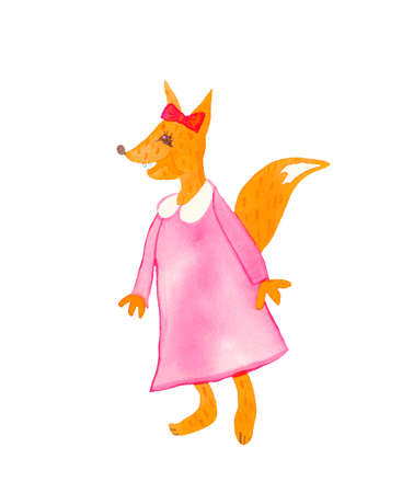 Watercolor little red fox in pink dress and bow. Animalistic illustration on white isolated background hand drawn. Design for prints, cards, social networks, packages, posters.の写真素材