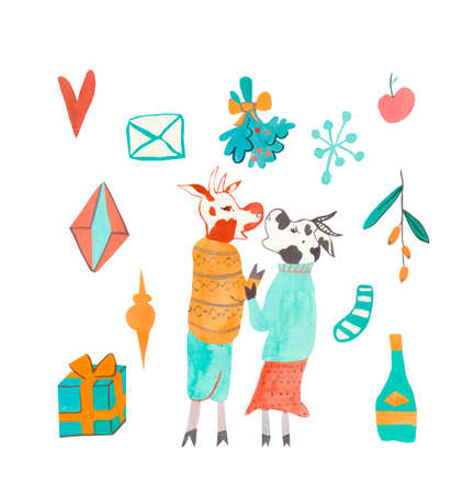 Watercolor set of cute Christmas animals hand drawn in orange, blue colors.Clip art with New Year bulls, amella, champagne, presents on white isolated background.Design for social networks, banners.の写真素材
