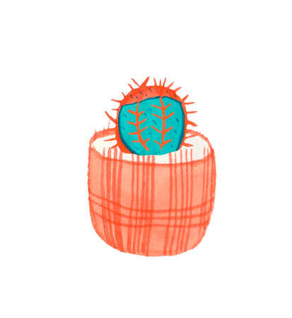 Watercolor cactus in Aqua Menthe and Phantom Blue, Lush Lava. Illustration of the home plant hand drawn on a white isolated background. Design for stickers, cards, packaging.の写真素材