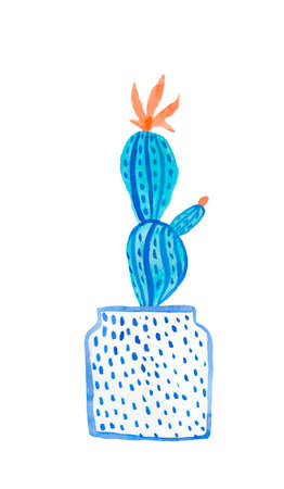 Watercolor cactus in Aqua Menthe and Phantom Blue, Lush Lava. Illustration of the home plant hand drawn on a white isolated background. Design for stickers, cards, packaging.の写真素材