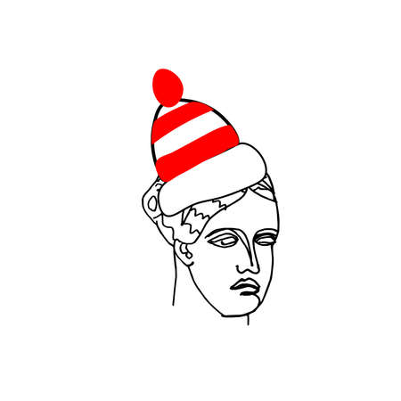 Vector illustration of Venus wearing a Christmas hat in hand drawn.Illustration of the New Year with a woman in doodle.Holiday picture of the ancient Greek god.Design for packaging, social networks.のイラスト素材