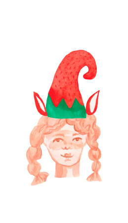 Watercolor illustration of a portrait of a girl wearing a Christmas hat in hand drawn.New Year's...