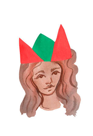 Watercolor illustration of a portrait of a girl in a Christmas crown in hand drawn.New Year's Latin by a woman in doodle.Holiday picture of a happy person.Design for packaging, social networks, cards.の写真素材