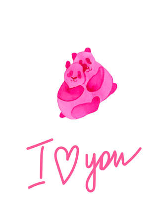 Watercolor card for Valentine's Day with pink animals.Love confession with cute pandas with the inscription I love you on a white isolated background.Design for packaginginvitations, posters, T-shirts.の写真素材