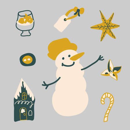 Vector set illustrations for Christmas and New Year.Clip art with snowman, star, drink, house, gift, candy, button, label.Collection in trend colors 2021: tidewater green, fortuna gold, sail champagne.のイラスト素材