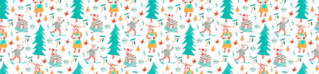 Watercolor banner with cow, Christmas trees, branches in blue, orange and brown colors.New Year, winter print on white isolated background.Design for wallpapers, textiles, social networks, web, packaging.の写真素材