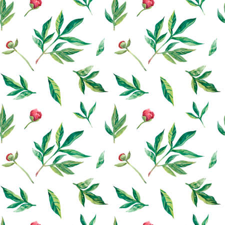 Watercolor seamless pattern with pink peonies and leaves.Floral, botanical, delicate print on white isolated background hand drawn.Design for wallpaper, textiles, packaging, invitations, wrapping paper.の写真素材