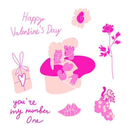 Vector set for Valentine's Day with pink color in doodle style.Clip art with people in love, flowers, lettering, rose, present, grapes, lips, hand drawn ball.Design for cards, social networks, prints.のイラスト素材