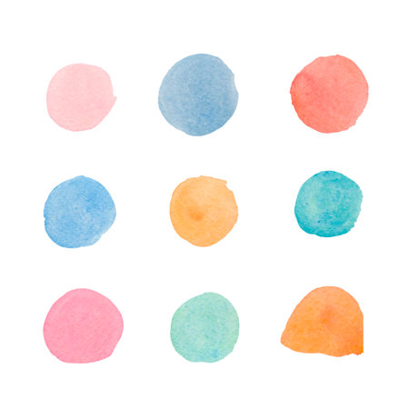 Set of watercolor pastel spots, textures on white isolated background.Collection of abstract delicate blots with round hand drawn forms.Design for social networks, invitations, cards, weddings, posters.の写真素材
