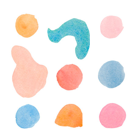 Set of watercolor pastel spots, textures on white isolated background.Collection of abstract delicate blots with round hand drawn forms.Design for social networks, invitations, cards, weddings, posters.の写真素材