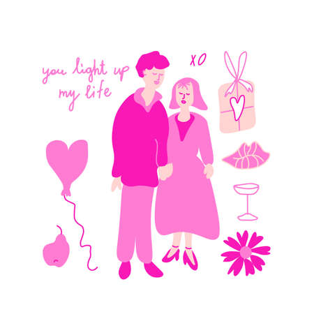 Vector set for Valentine's Day with pink color in doodle style.Clip art with people in love, flowers, lettering, rose, present, grapes, lips, hand drawn ball.Design for cards, social networks, prints.のイラスト素材