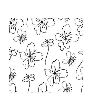 Vector seamless pattern with spring cherry with black line. Botanical, floral print hand-drawn with white background. Design for social networks, invitations, cards, packaging, textiles, web, wallpapers.のイラスト素材