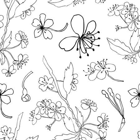 Vector seamless pattern with spring cherry with black line. Botanical, floral print hand-drawn with white background. Design for social networks, invitations, cards, packaging, textiles, web, wallpapers.のイラスト素材