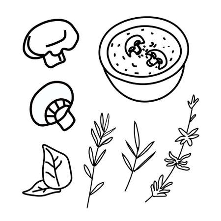 Vector set of illustrations with champignons, herbs, soup in doodle style.Collection with food black lines hand drawn.Clip art with mushrooms, rosemary, basil.Design for packaging, social network, web, menu.のイラスト素材