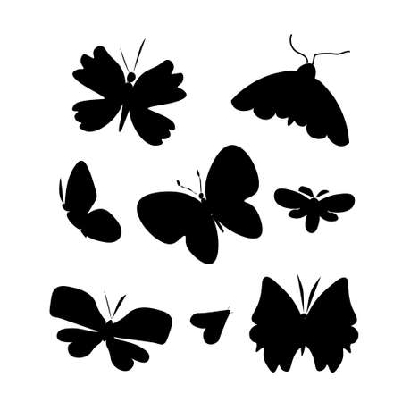 Vector set of illustrations with butterflies in doodle style.Collection with flying insects black silhouettes hand drawn.Clip art with summer creatures.Design for packaging, social networks, web, cards.のイラスト素材