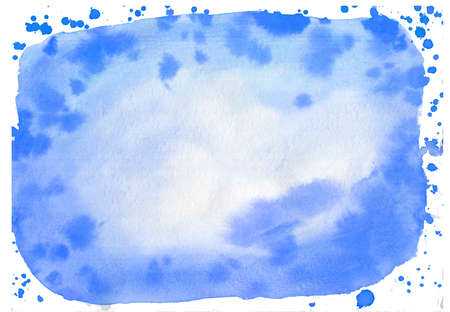 Bright watercolor blue color blot. Abstract childish drop texture hand drawn isolated wash spot on white background for text design, wedding, sticker, textiles, print, web ,, label, copyspace, gift card.の写真素材