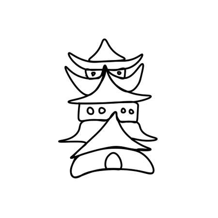 Vector Asian pagoda in doodle style Architectural illustration for Chinese New Year. Buddhist temple with black hand drawn line. Design cards, social media, weddings, stickers, coloring books.のイラスト素材