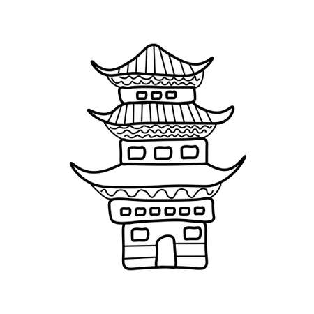 Vector Asian pagoda in doodle style Architectural illustration for Chinese New Year. Buddhist temple with black hand drawn line. Design cards, social media, weddings, stickers, coloring books.のイラスト素材