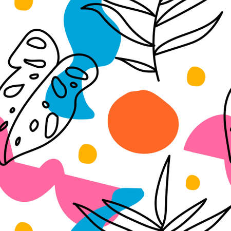 Seamless vector pattern with tropical leaves in bright shapes.Print with plants and abstract hand...