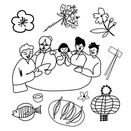 Vector set of illustrations for the Chinese New Year. Collection of images family, dumplings, lantern, cooked fish, chopsticks, sakura.Designs for cards, packaging, social media, posters, coloring.のイラスト素材
