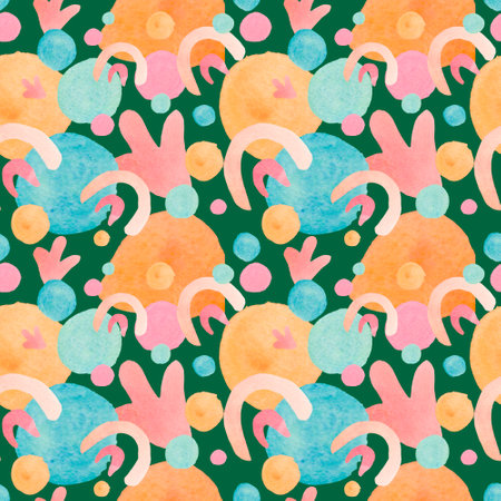 Watercolor abstract seamless pattern with pink, blue color on green background.Children's print with shapes of hand painted.Designs for wallpaper, textiles, social media, web, packaging.の写真素材